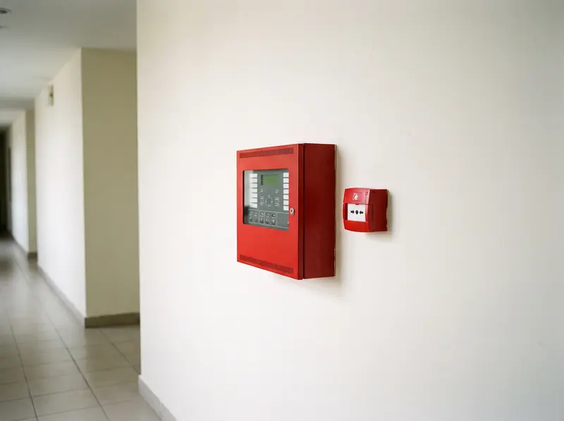 A fire alarm control panel and call point in a corridor
