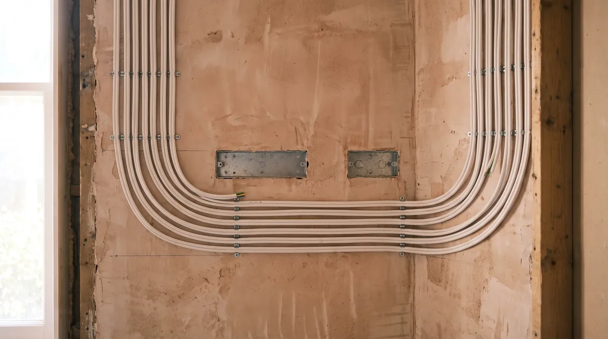 Cables clipped in parallel along a bare wall during a rewire