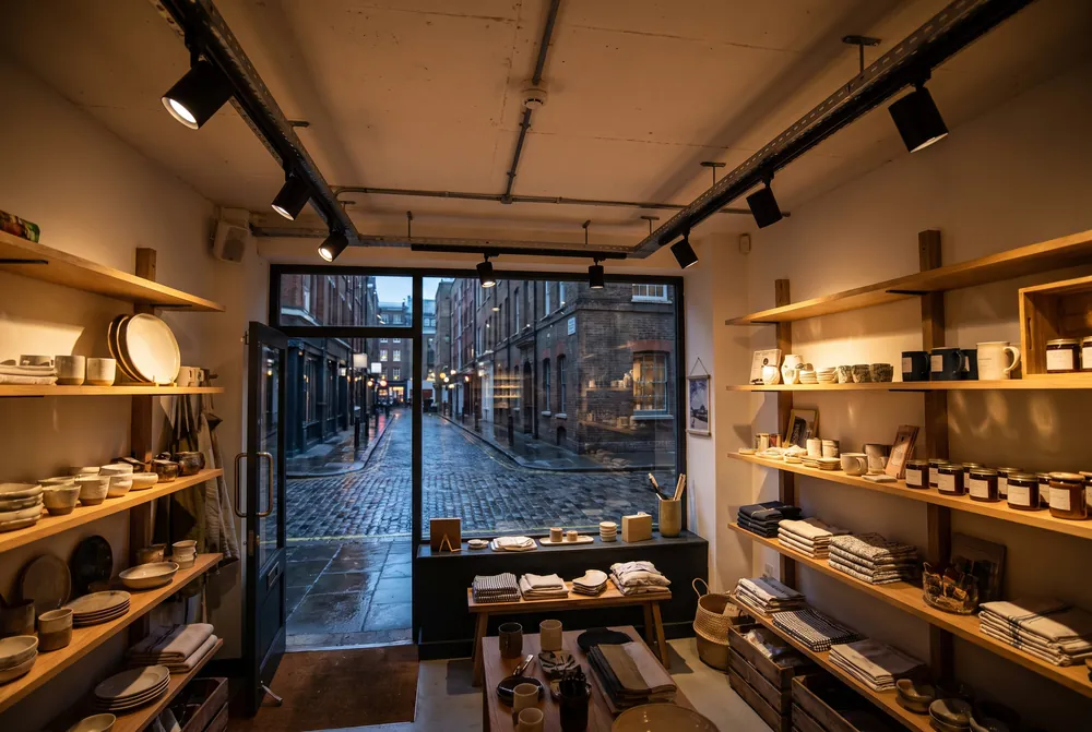 A small shop with black track spotlights over the shelves